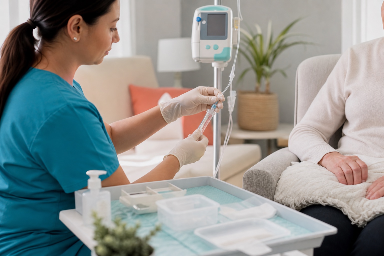 Préparation organisée d’une perfusion lors de soins à domicile