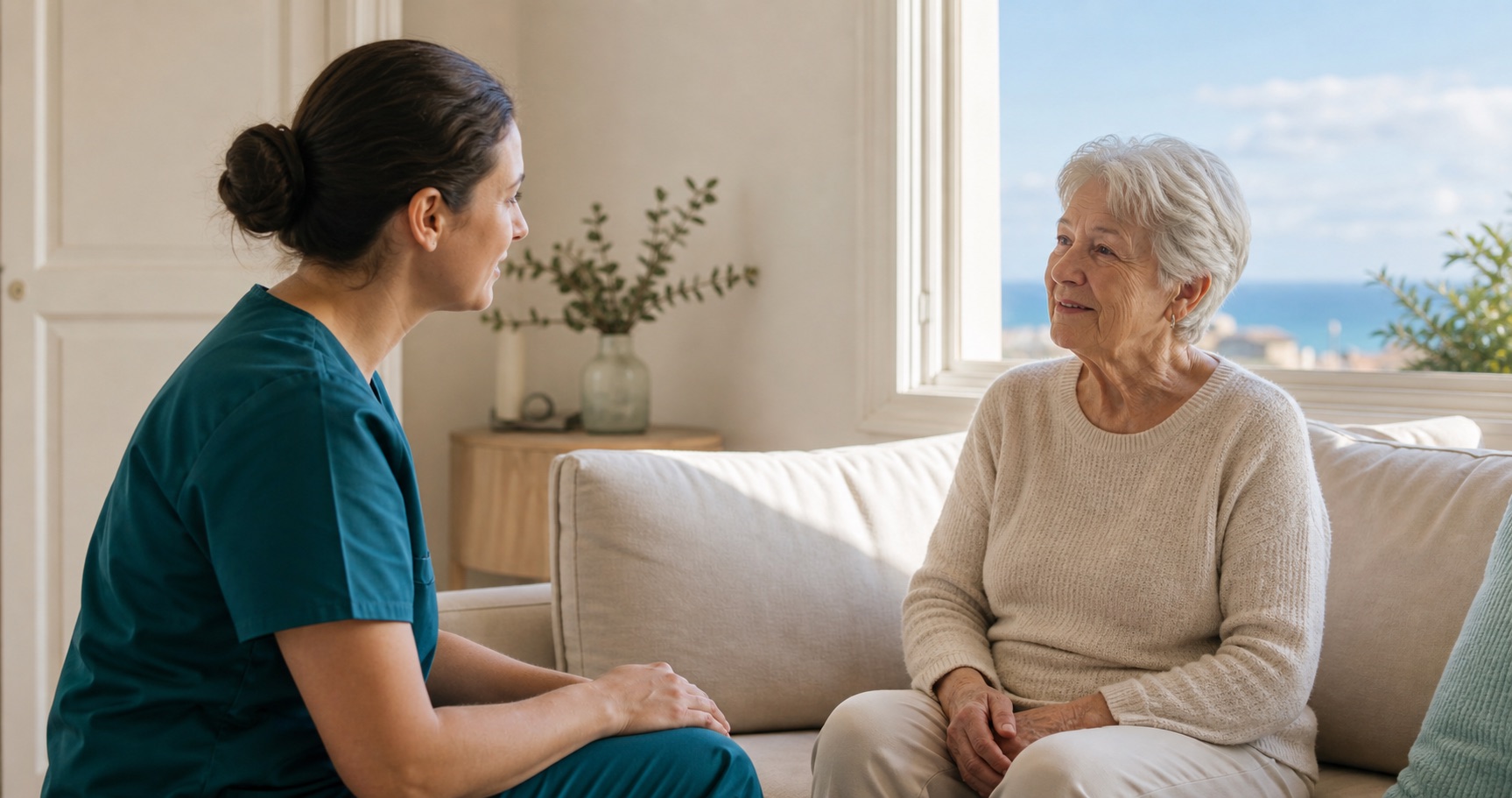 Échange rassurant lors d’une visite infirmière à domicile