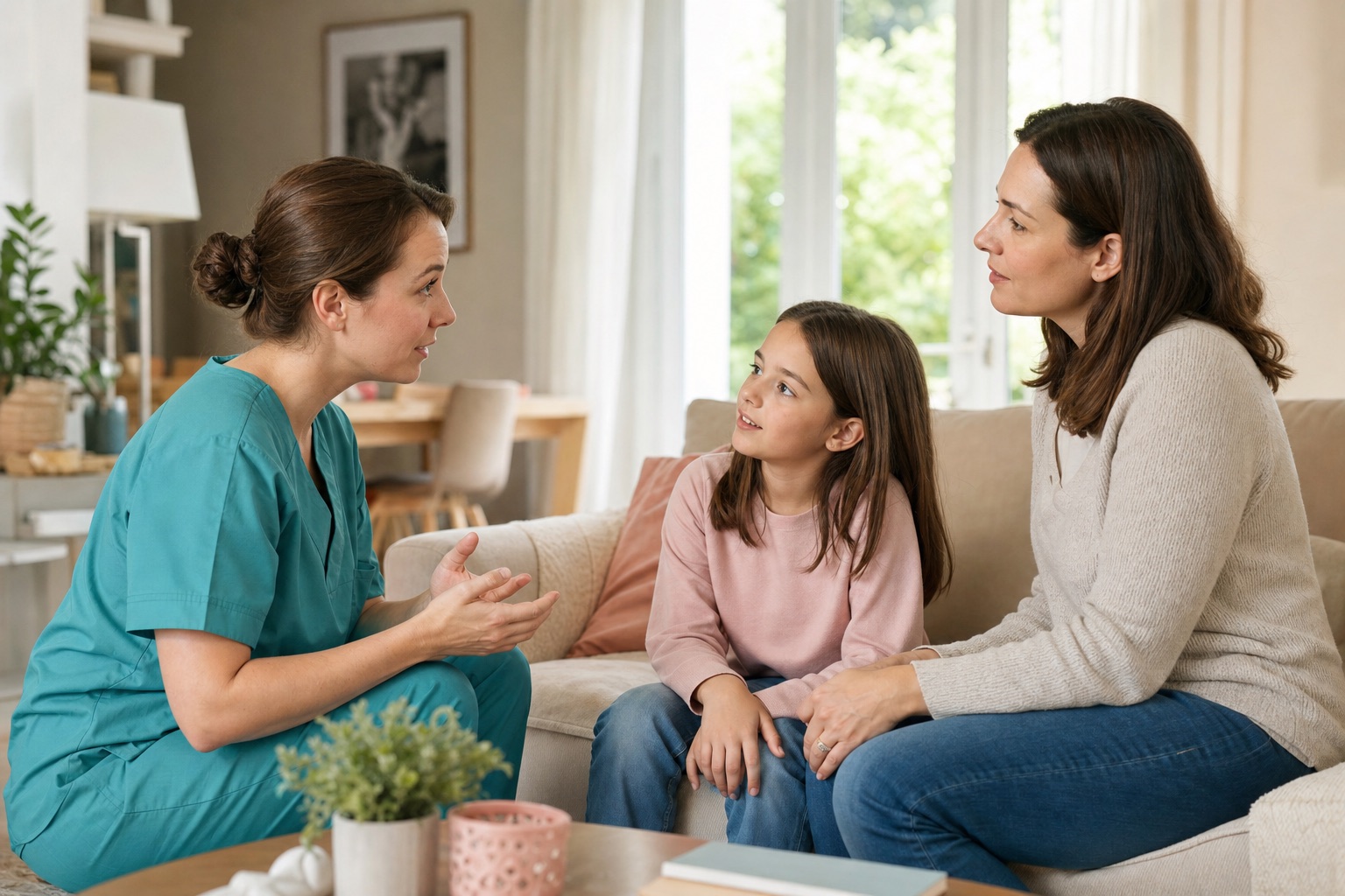 Échange entre une infirmière, une enfant et sa mère à domicile